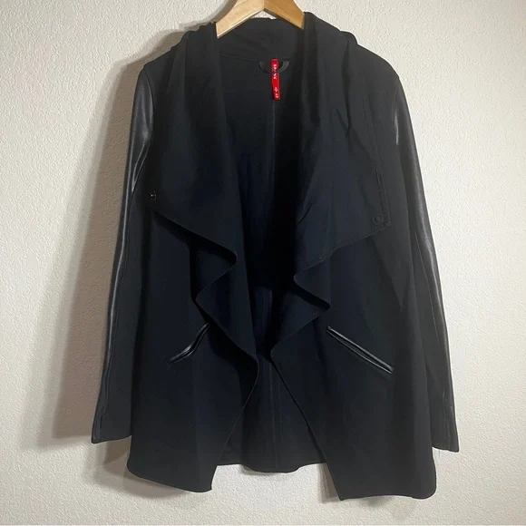 SPANX Black Faux Leather Drape Front Convertible Ponte Jacket SZ S